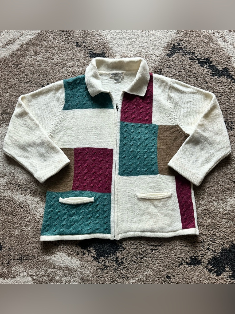 Allison Daley Vintage Inspired Patchwork Fall Zip Up Cardigan